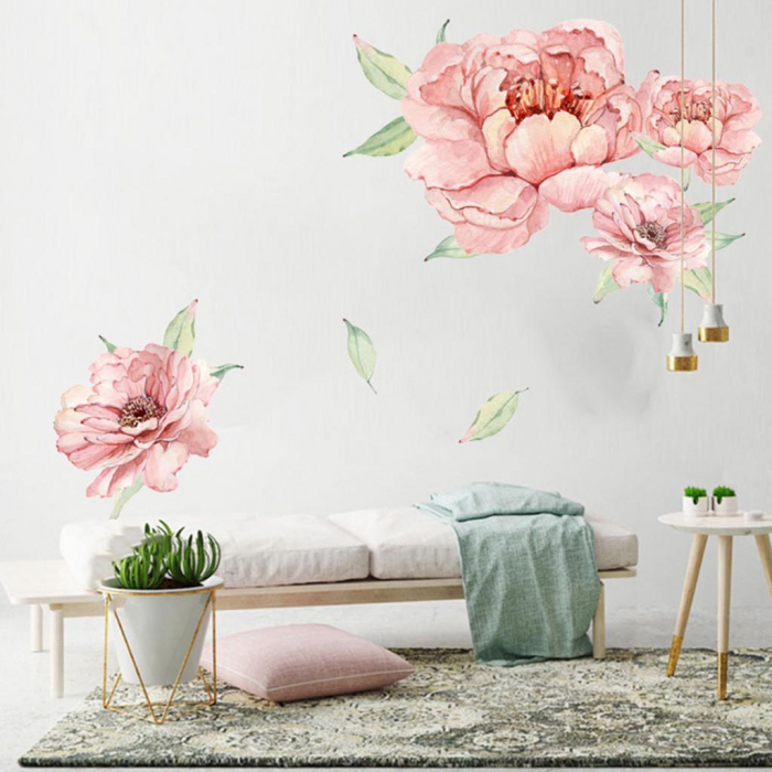 Sticker decorativ cu Flori de Bujor Roz Luxer, Autocolant Pink Peonies, 71x60 cm, stickere perete flori mici bujori leroy merlin dedeman emag Luxer [5]
