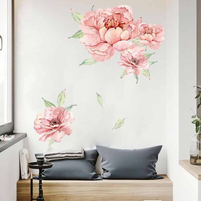 Sticker decorativ cu Flori de Bujor Roz Luxer, Autocolant Pink Peonies, 71x60 cm, stickere perete flori mici bujori leroy merlin dedeman emag Luxer [3]