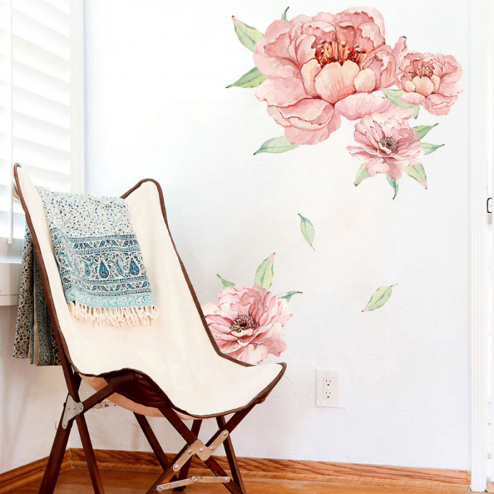 Sticker decorativ cu Flori de Bujor Roz Luxer, Autocolant Pink Peonies, 71x60 cm, stickere perete flori mici bujori leroy merlin dedeman emag Luxer [2]