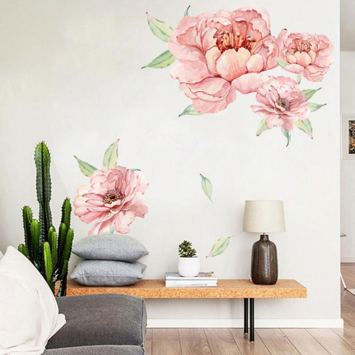 Sticker decorativ cu Flori de Bujor Roz Luxer, Autocolant Pink Peonies, 71x60 cm, stickere perete flori mici bujori leroy merlin dedeman emag Luxer [4]