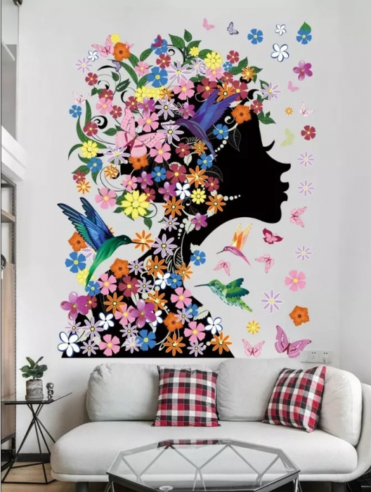 Sticker decorativ cu Flori, Fluturi si Pasari Luxer, Autocolant Fata cu Flori in Par, 60x46 cm, stickere decorative autocolant perete flori 3d flori rosii mici [7]