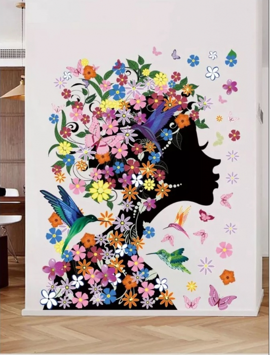 Sticker decorativ cu Flori, Fluturi si Pasari Luxer, Autocolant Fata cu Flori in Par, 60x46 cm, stickere decorative autocolant perete flori 3d flori rosii mici [6]