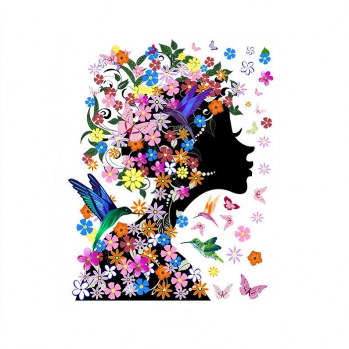 Sticker decorativ cu Flori, Fluturi si Pasari Luxer, Autocolant Fata cu Flori in Par, 60x46 cm, stickere decorative autocolant perete flori 3d flori rosii mici [8]