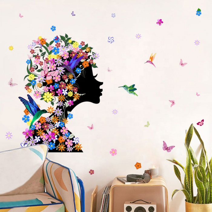 Sticker decorativ cu Flori, Fluturi si Pasari Luxer, Autocolant Fata cu Flori in Par, 60x46 cm, stickere decorative autocolant perete flori 3d flori rosii mici [3]