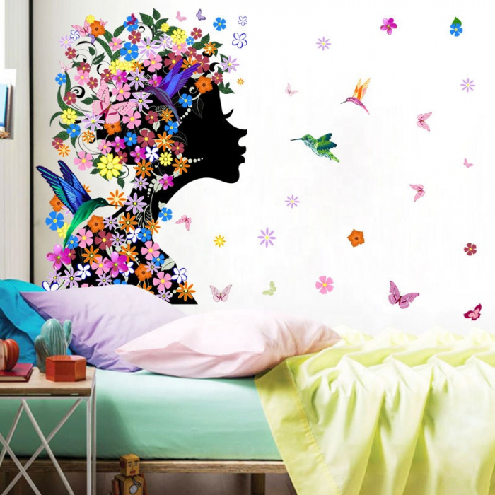 Sticker decorativ cu Flori, Fluturi si Pasari Luxer, Autocolant Fata cu Flori in Par, 60x46 cm, stickere decorative autocolant perete flori 3d flori rosii mici [1]