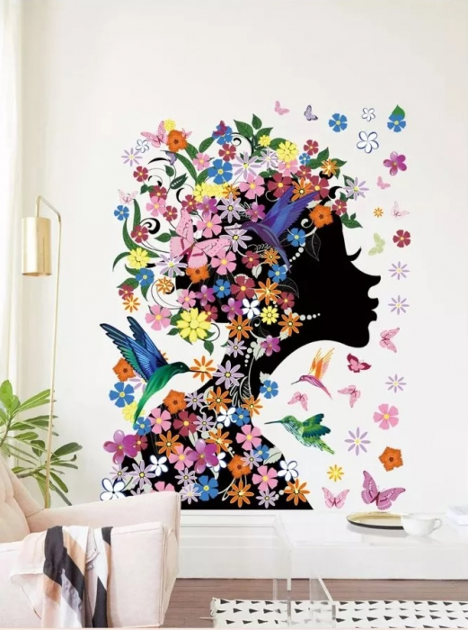 Sticker decorativ cu Flori, Fluturi si Pasari Luxer, Autocolant Fata cu Flori in Par, 60x46 cm, stickere decorative autocolant perete flori 3d flori rosii mici [5]