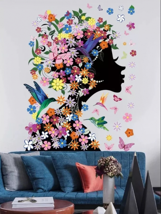 Sticker decorativ cu Flori, Fluturi si Pasari Luxer, Autocolant Fata cu Flori in Par, 60x46 cm, stickere decorative autocolant perete flori 3d flori rosii mici [4]