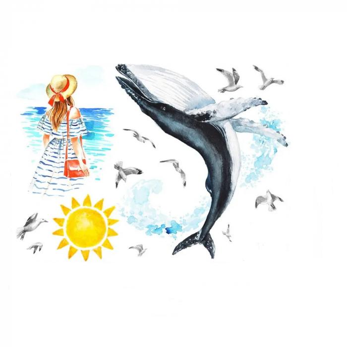 Sticker decorativ cu Mare, Soare, Balena si Pescarusi Luxer, Autocolant Sea Lover, 89x85 cm, stickere decorativ dedeman copii dormitor animalele marii [7]