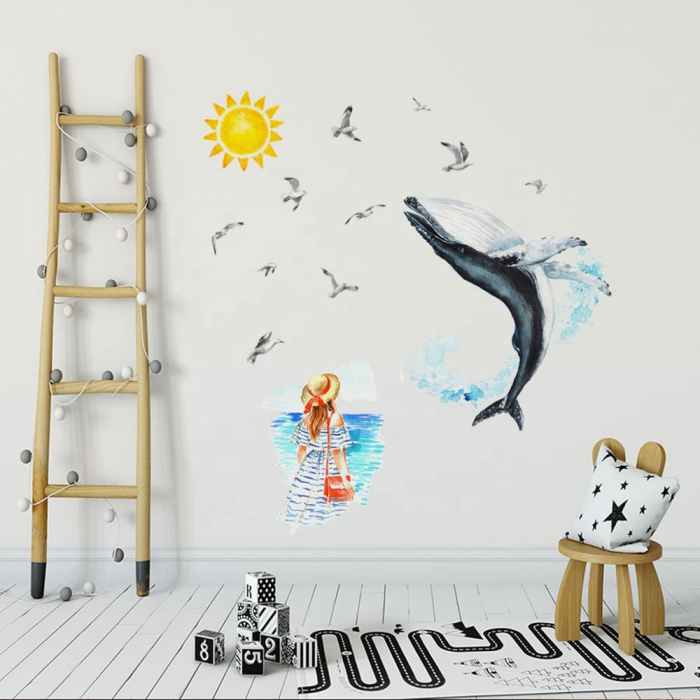 Sticker decorativ cu Mare, Soare, Balena si Pescarusi Luxer, Autocolant Sea Lover, 89x85 cm, stickere decorativ dedeman copii dormitor animalele marii [3]