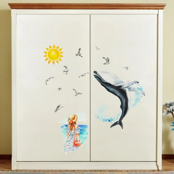 Sticker decorativ cu Mare, Soare, Balena si Pescarusi Luxer, Autocolant Sea Lover, 89x85 cm, stickere decorativ dedeman copii dormitor animalele marii [6]