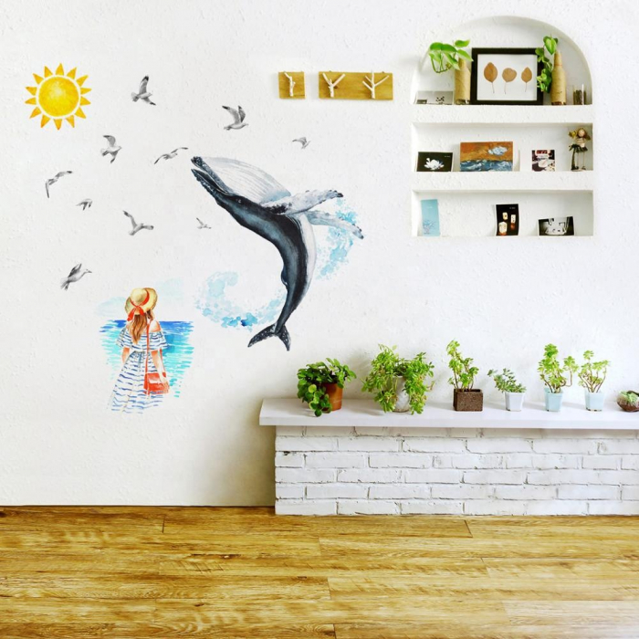 Sticker decorativ cu Mare, Soare, Balena si Pescarusi Luxer, Autocolant Sea Lover, 89x85 cm, stickere decorativ dedeman copii dormitor animalele marii [2]