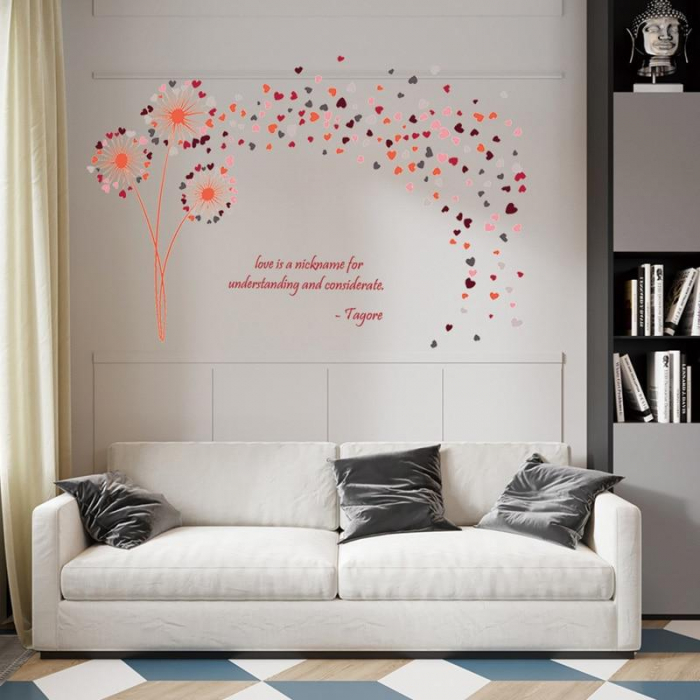 Sticker decorativ cu Papadii si inimioare Luxer, Autocolant cu mesaj motivational, Portocaliu, 135x82 cm, stickere decorative perete dormitor papadii dedeman jumbo luxer ieftin floral [2]
