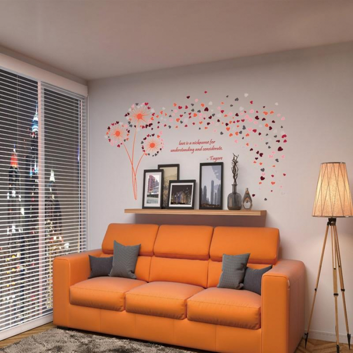 Sticker decorativ cu Papadii si inimioare Luxer, Autocolant cu mesaj motivational, Portocaliu, 135x82 cm, stickere decorative perete dormitor papadii dedeman jumbo luxer ieftin floral [4]