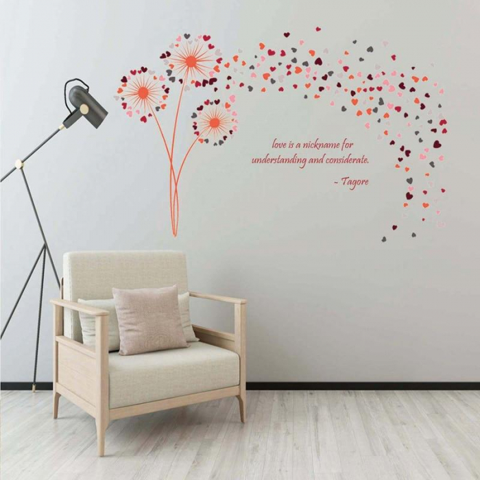 Sticker decorativ cu Papadii si inimioare Luxer, Autocolant cu mesaj motivational, Portocaliu, 135x82 cm, stickere decorative perete dormitor papadii dedeman jumbo luxer ieftin floral [5]