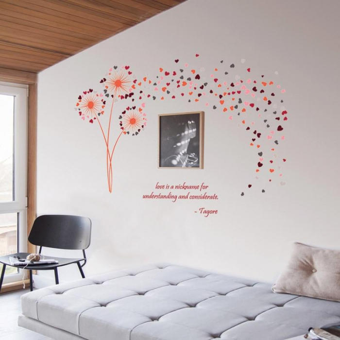 Sticker decorativ cu Papadii si inimioare Luxer, Autocolant cu mesaj motivational, Portocaliu, 135x82 cm, stickere decorative perete dormitor papadii dedeman jumbo luxer ieftin floral [3]