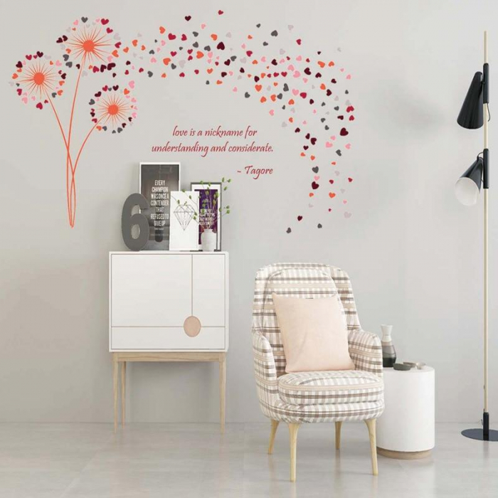Sticker decorativ cu Papadii si inimioare Luxer, Autocolant cu mesaj motivational, Portocaliu, 135x82 cm, stickere decorative perete dormitor papadii dedeman jumbo luxer ieftin floral [1]