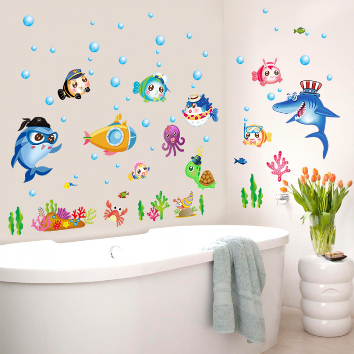 Sticker decorativ cu Pesti si Animale Marine Luxer, Autocolant pentru baie Lumea Subacvatica, 123x75 cm, stickere decorative copii dedeman baieti animake disney leroy merlin norisori bebelusi baie camera copilului [3]