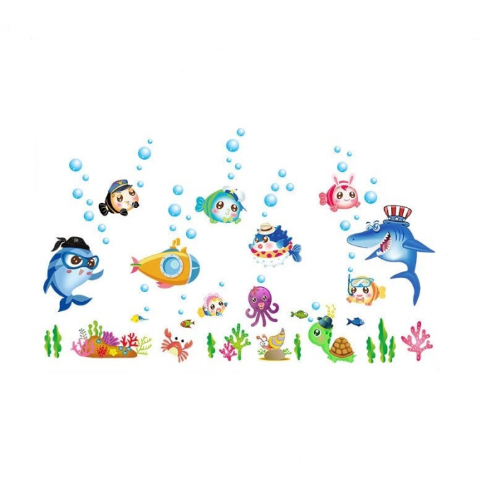 Sticker decorativ cu Pesti si Animale Marine Luxer, Autocolant pentru baie Lumea Subacvatica, 123x75 cm, stickere decorative copii dedeman baieti animake disney leroy merlin norisori bebelusi baie camera copilului [7]