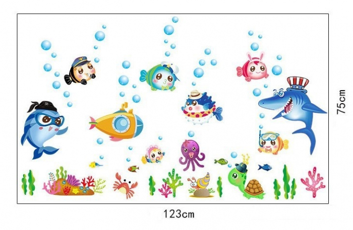 Sticker decorativ cu Pesti si Animale Marine Luxer, Autocolant pentru baie Lumea Subacvatica, 123x75 cm, stickere decorative copii dedeman baieti animake disney leroy merlin norisori bebelusi baie camera copilului [8]