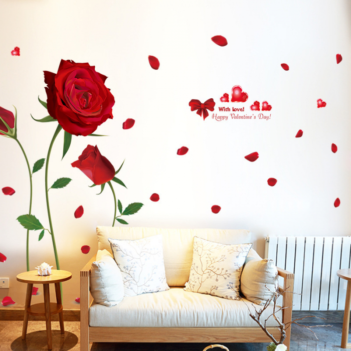 Sticker decorativ cu Trandafiri Rosii Luxer, Autocolant Red Roses, 230x155 cme, stickere perete flori trandafiri dedeman personalizate autocolant living dormitor emag jumbo luxer [2]