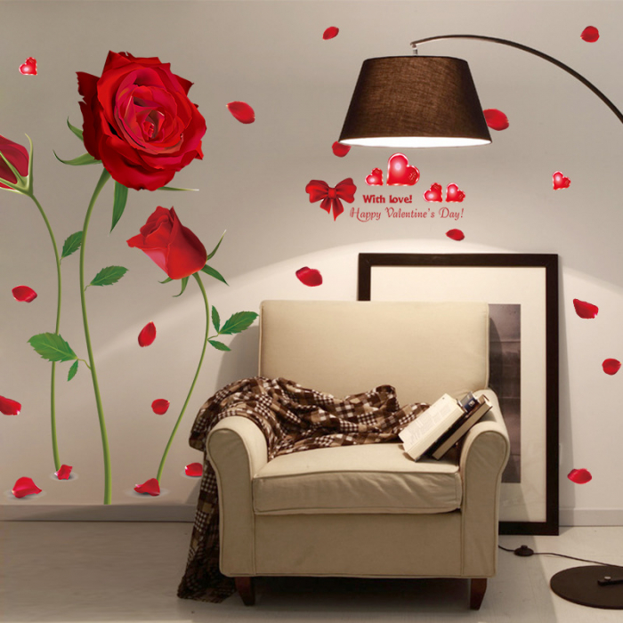 Sticker decorativ cu Trandafiri Rosii Luxer, Autocolant Red Roses, 230x155 cme, stickere perete flori trandafiri dedeman personalizate autocolant living dormitor emag jumbo luxer [3]
