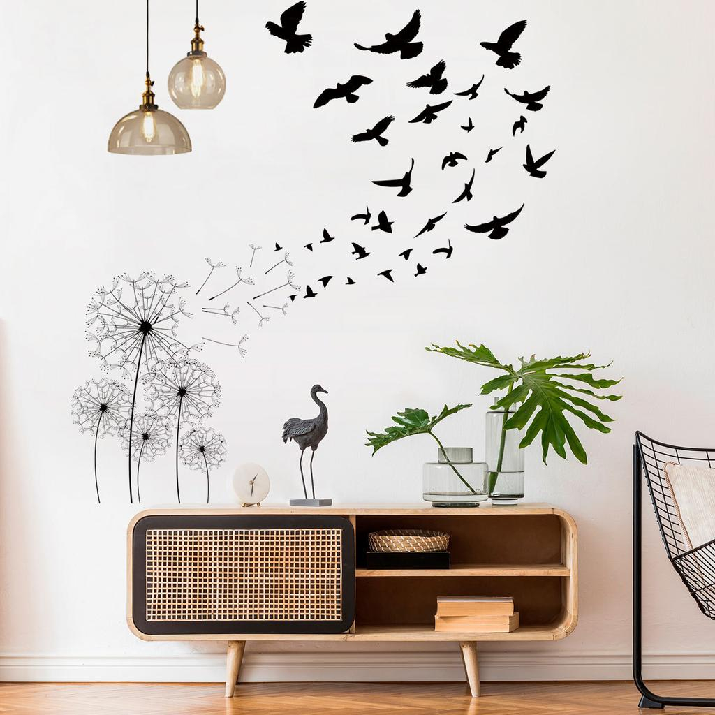 Sticker Decorativ "Păpădii și Păsări în Zbor", Autocolant Perete, Negru, Dimensiuni 120 x 110 cm [2]