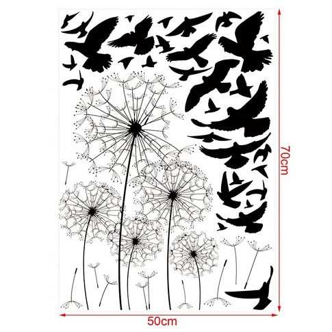 Sticker Decorativ "Păpădii și Păsări în Zbor", Autocolant Perete, Negru, Dimensiuni 120 x 110 cm [12]