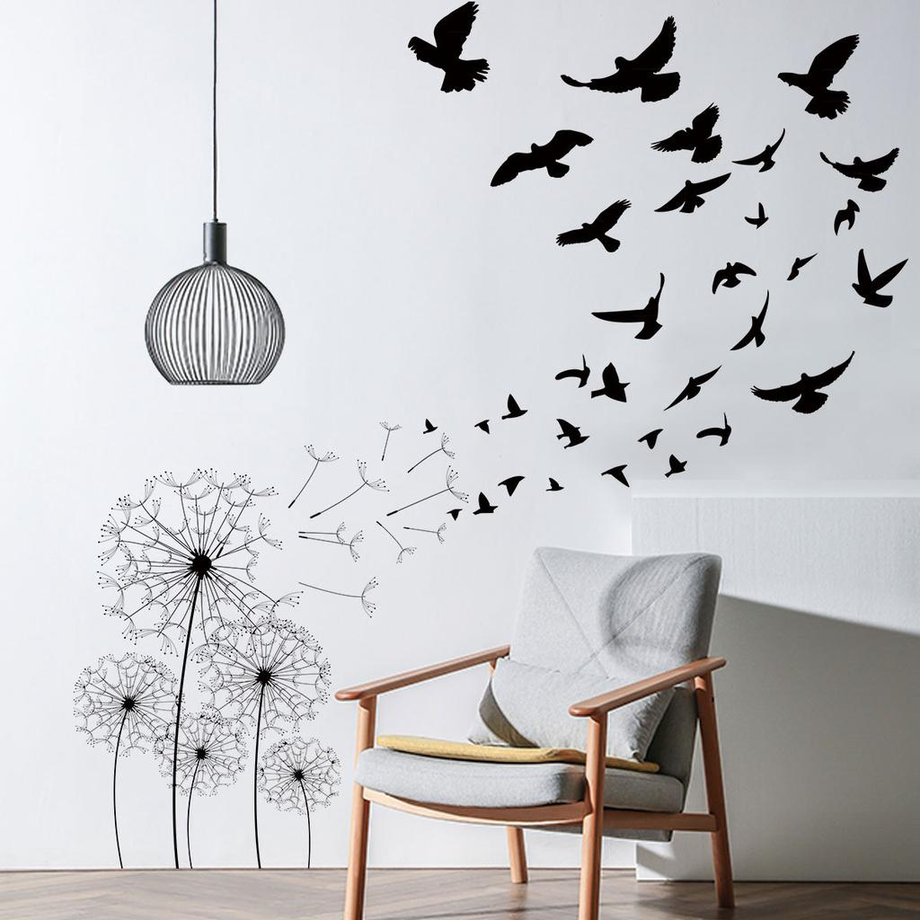 Sticker Decorativ "Păpădii și Păsări în Zbor", Autocolant Perete, Negru, Dimensiuni 120 x 110 cm [11]