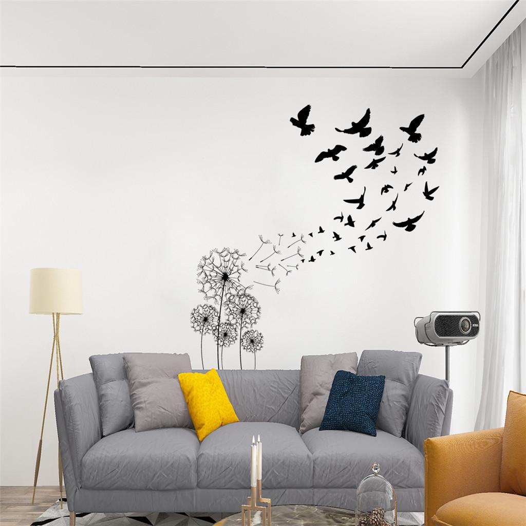 Sticker Decorativ "Păpădii și Păsări în Zbor", Autocolant Perete, Negru, Dimensiuni 120 x 110 cm [7]