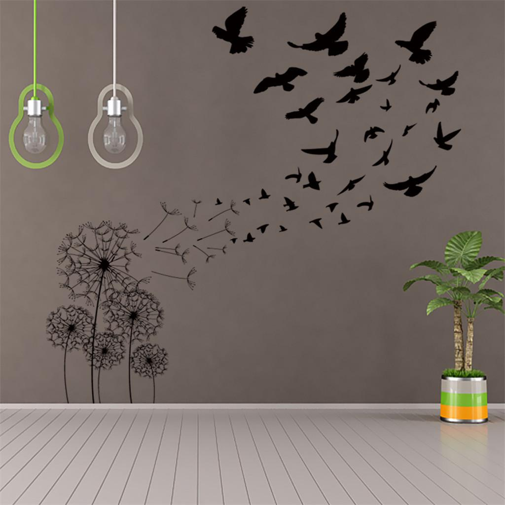 Sticker Decorativ "Păpădii și Păsări în Zbor", Autocolant Perete, Negru, Dimensiuni 120 x 110 cm [9]