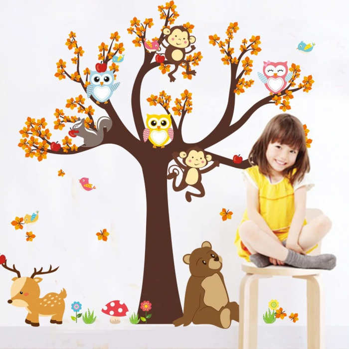 Sticker Decorativ Pentru Camera Copiilor cu Animale Salbatice Luxer, Autocolant Animale in Copac, 100x100 cm, stickere perete copii dedeman baieti/fete emag personalizate ieftine animale disney leroy merlin mickey mouse autocolante luxer [1]