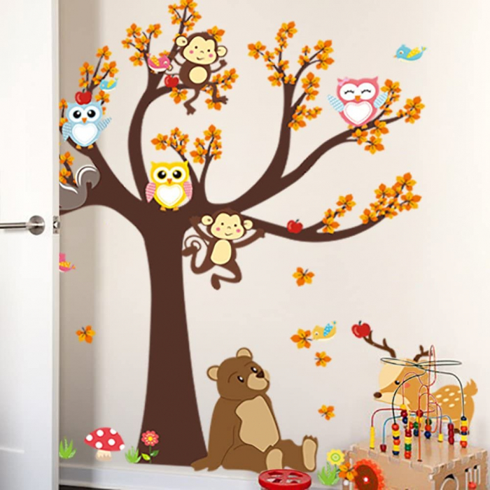 Sticker Decorativ Pentru Camera Copiilor cu Animale Salbatice Luxer, Autocolant Animale in Copac, 100x100 cm, stickere perete copii dedeman baieti/fete emag personalizate ieftine animale disney leroy merlin mickey mouse autocolante luxer [5]