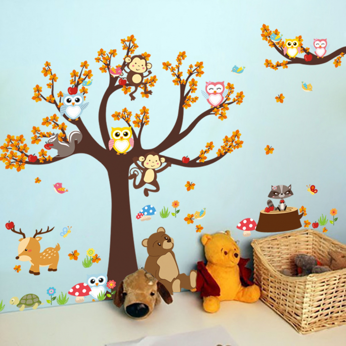 Sticker Decorativ Pentru Camera Copiilor cu Animale Salbatice Luxer, Autocolant Animale in Copac, 100x100 cm, stickere perete copii dedeman baieti/fete emag personalizate ieftine animale disney leroy merlin mickey mouse autocolante luxer [2]