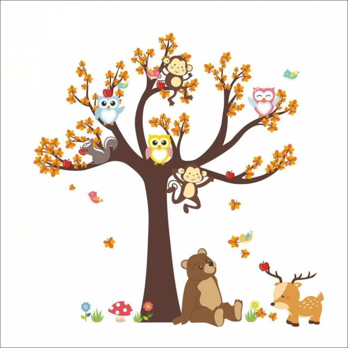 Sticker Decorativ Pentru Camera Copiilor cu Animale Salbatice Luxer, Autocolant Animale in Copac, 100x100 cm, stickere perete copii dedeman baieti/fete emag personalizate ieftine animale disney leroy merlin mickey mouse autocolante luxer [3]