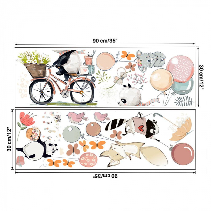 Sticker Decorativ Pentru Camera Copiilor cu Animale si Baloane cu Heliu Luxer, Autocolant Ursulet pe Bicicleta, 90x60 cm, stickere perete copii dedeman baieti/fete emag personalizate ieftine animale disney leroy merlin mickey mouse autocolante luxer [11]