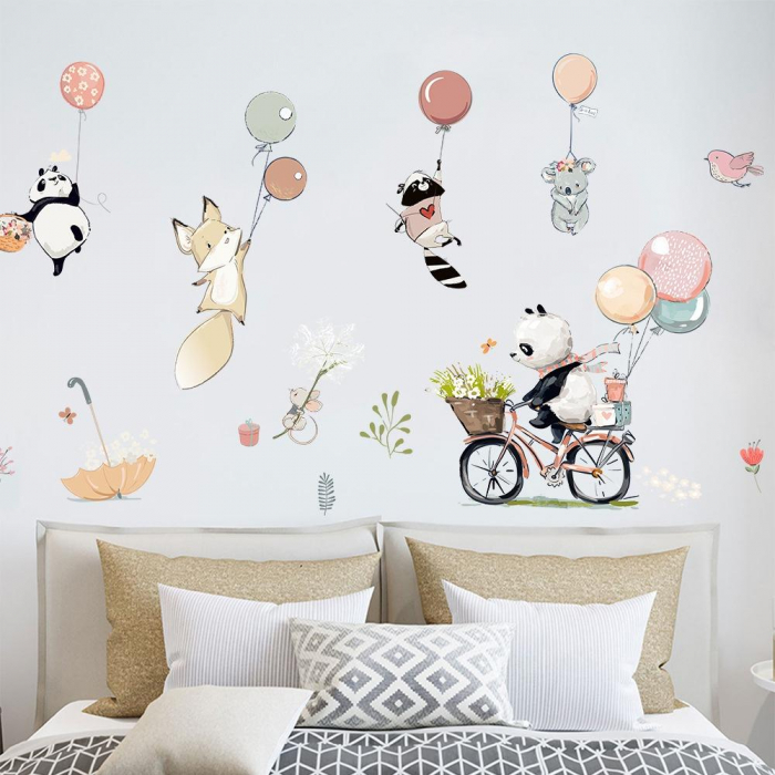 Sticker Decorativ Pentru Camera Copiilor cu Animale si Baloane cu Heliu Luxer, Autocolant Ursulet pe Bicicleta, 90x60 cm, stickere perete copii dedeman baieti/fete emag personalizate ieftine animale disney leroy merlin mickey mouse autocolante luxer [6]