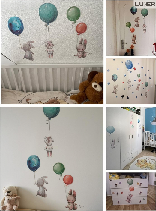 Sticker Decorativ Pentru Camera Copilului Luxer, Model: Bunnies and Balloons, Autodeziv Multisuprafete, Dimensiuni 67x56 cm [6]