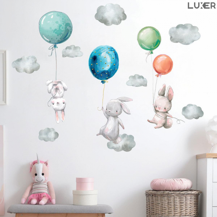 Sticker Decorativ Pentru Camera Copilului Luxer, Model: Bunnies and Balloons, Autodeziv Multisuprafete, Dimensiuni 67x56 cm [3]