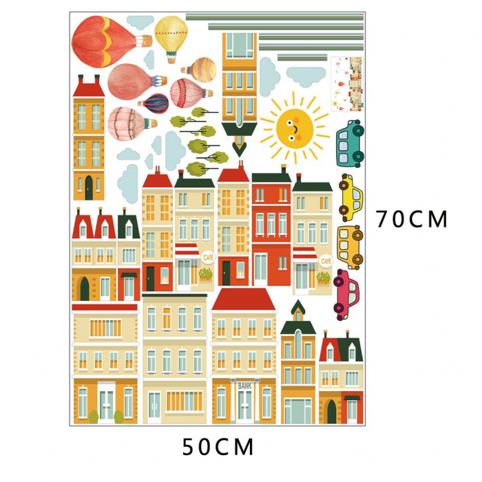 Sticker decorativ pentru copii Luxer, Autocolant cu Cladiri, Masini si Baloane cu Aer Cald, 70x50 cm, stickere prete dedeman dormitor pentru copii [7]