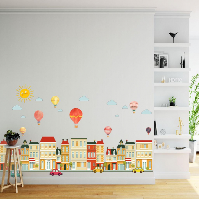 Sticker decorativ pentru copii Luxer, Autocolant cu Cladiri, Masini si Baloane cu Aer Cald, 70x50 cm, stickere prete dedeman dormitor pentru copii [4]