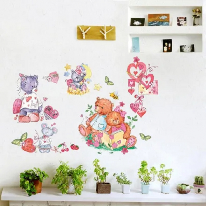 Sticker decorativ pentru copii Luxer, Autocolant cu Ursuleti de Plus si Inimioare, 70x50 cm, stickere decorative perete copii dedeman emag personalizate cu animale disney leroy merlin mickey mouse norisori [4]