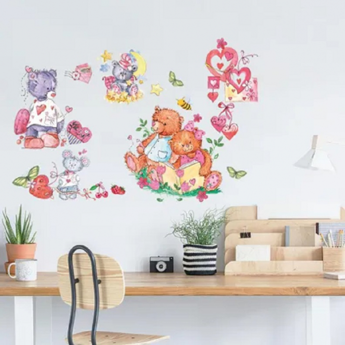 Sticker decorativ pentru copii Luxer, Autocolant cu Ursuleti de Plus si Inimioare, 70x50 cm, stickere decorative perete copii dedeman emag personalizate cu animale disney leroy merlin mickey mouse norisori [2]
