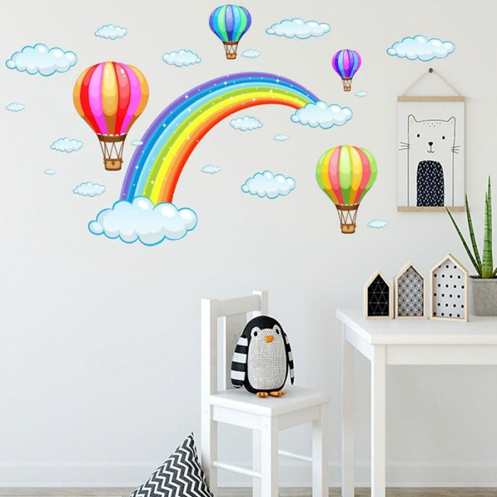 Sticker decorativ cu Curcubeu si Baloane cu Aer Cald, 45x30 cm, stickere decorativ dedeman leroy copii dormitor animalele marii [6]