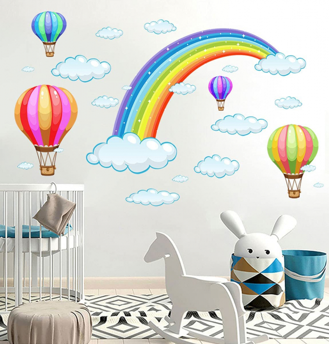 Sticker decorativ cu Curcubeu si Baloane cu Aer Cald, 45x30 cm, stickere decorativ dedeman leroy copii dormitor animalele marii [3]