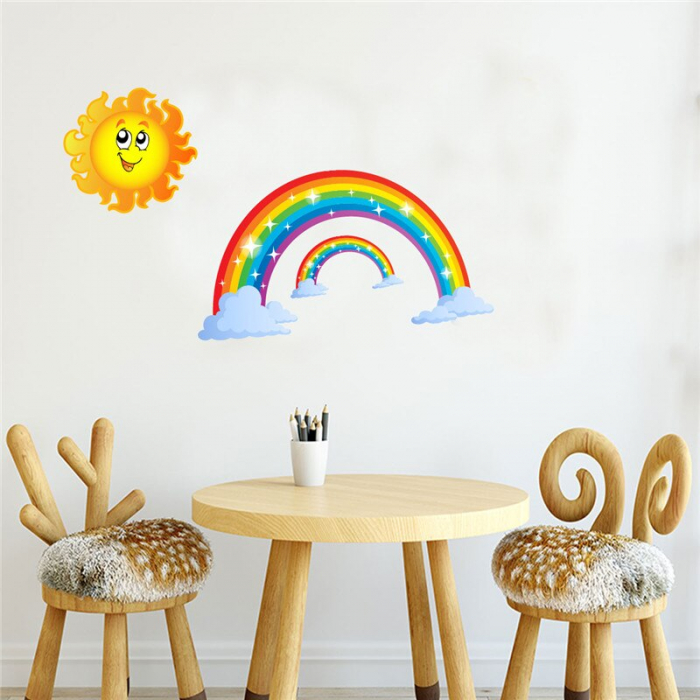 Sticker decorativ pentru copii Luxer, Autocolant Curcubeu si Soare Zambitor, 30x30 cm, stickere copii dedeman baieti leroy merlin norisori bebelusi camera copil [1]