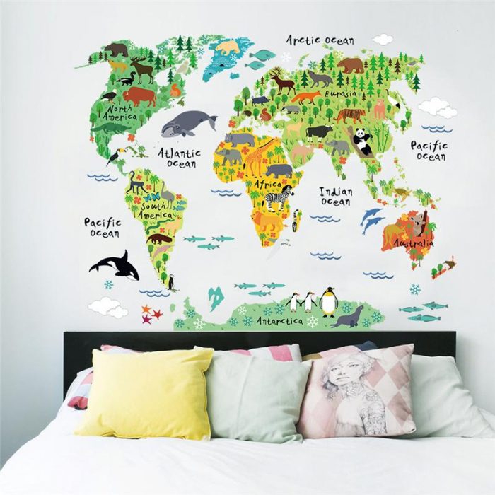 Sticker educativ cu Harta Lumii Luxer, Autocolant decorativ World Map Animals, 95x73 cm, harta lumii perete continente cu tari si capitale, mari si oceane autoadeziv pentru copii adulti ieftin dedeman jysk leroy ieftin luxer [7]