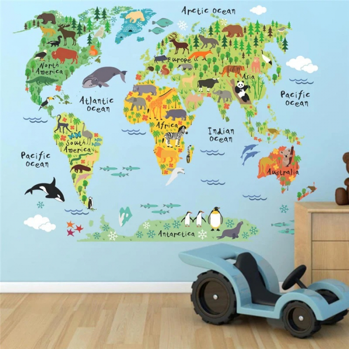Sticker educativ cu Harta Lumii Luxer, Autocolant decorativ World Map Animals, 95x73 cm, harta lumii perete continente cu tari si capitale, mari si oceane autoadeziv pentru copii adulti ieftin dedeman jysk leroy ieftin luxer [5]