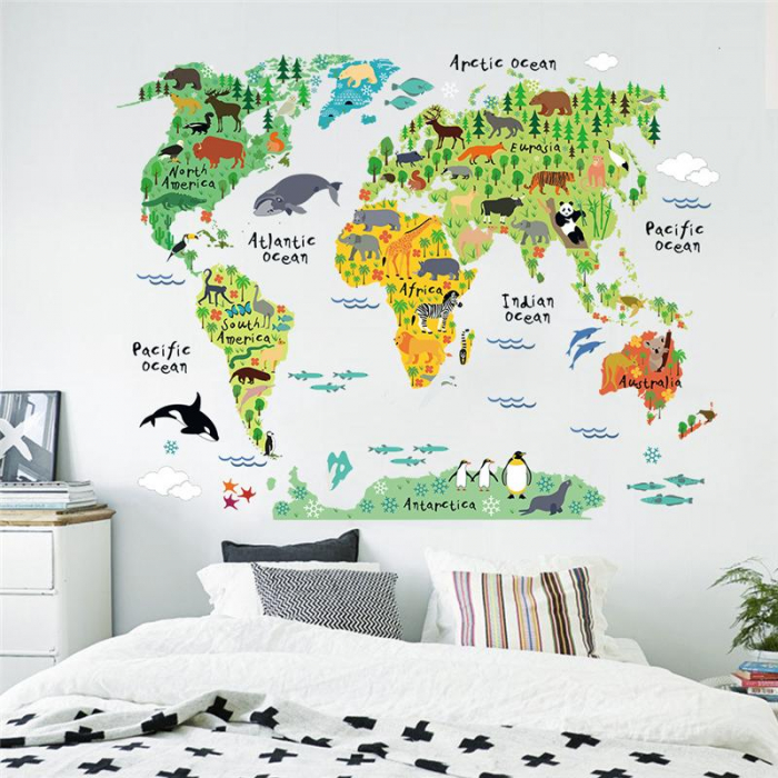 Sticker educativ cu Harta Lumii Luxer, Autocolant decorativ World Map Animals, 95x73 cm, harta lumii perete continente cu tari si capitale, mari si oceane autoadeziv pentru copii adulti ieftin dedeman jysk leroy ieftin luxer [2]