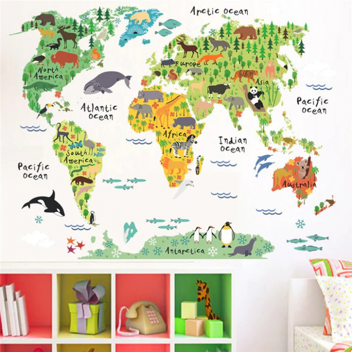 Sticker educativ cu Harta Lumii Luxer, Autocolant decorativ World Map Animals, 95x73 cm, harta lumii perete continente cu tari si capitale, mari si oceane autoadeziv pentru copii adulti ieftin dedeman jysk leroy ieftin luxer [3]