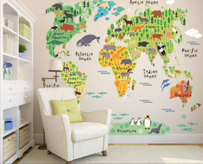 Sticker educativ cu Harta Lumii Luxer, Autocolant decorativ World Map Animals, 95x73 cm, harta lumii perete continente cu tari si capitale, mari si oceane autoadeziv pentru copii adulti ieftin dedeman jysk leroy ieftin luxer [6]
